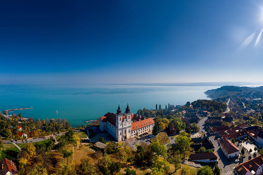 Sailing boats on the calm blue waters of Lake Balaton Hungary on a sunny day