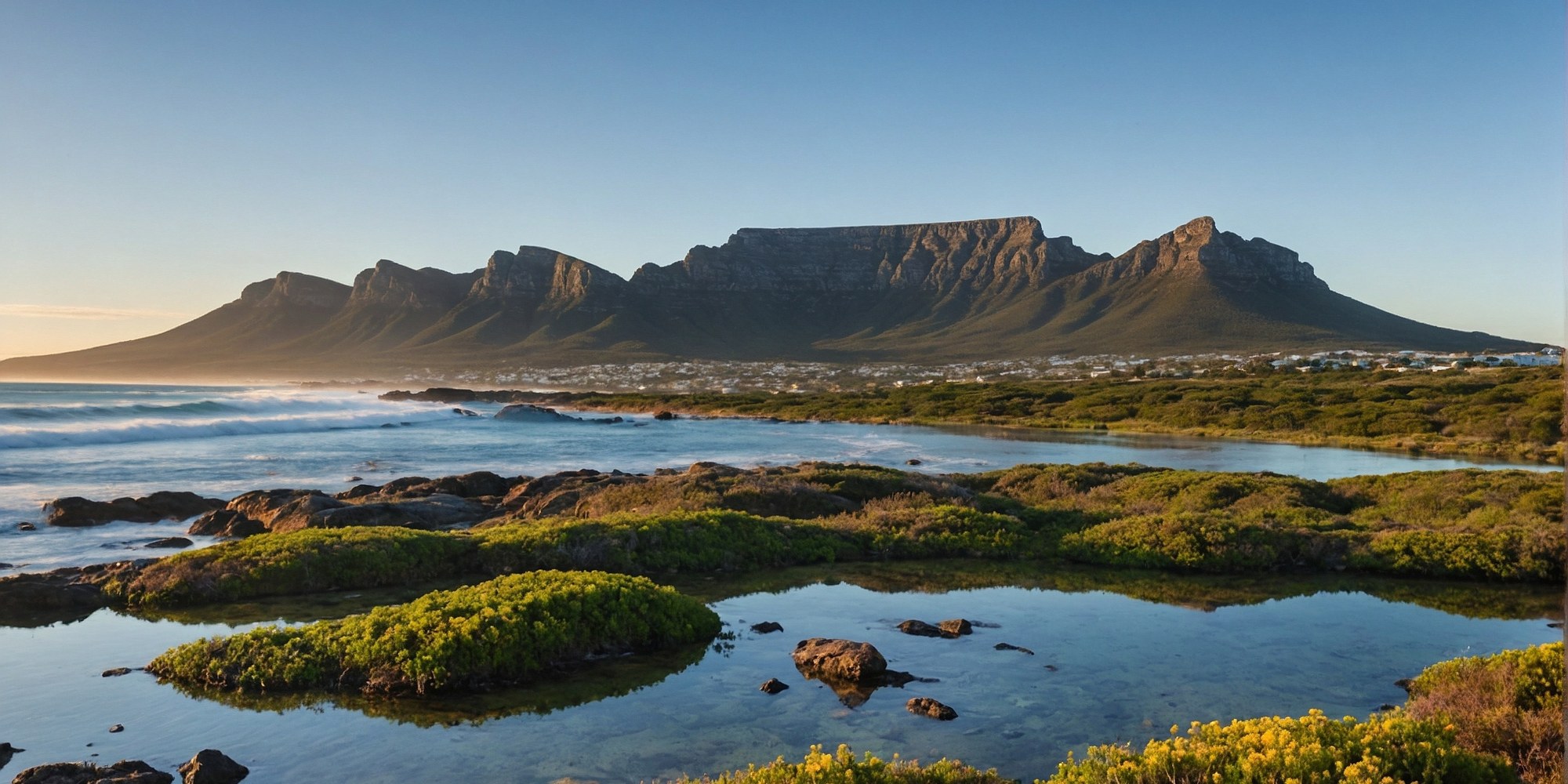 Table Mountain at sunrise seen across rock pools and fynbos on the Cape Town coastline